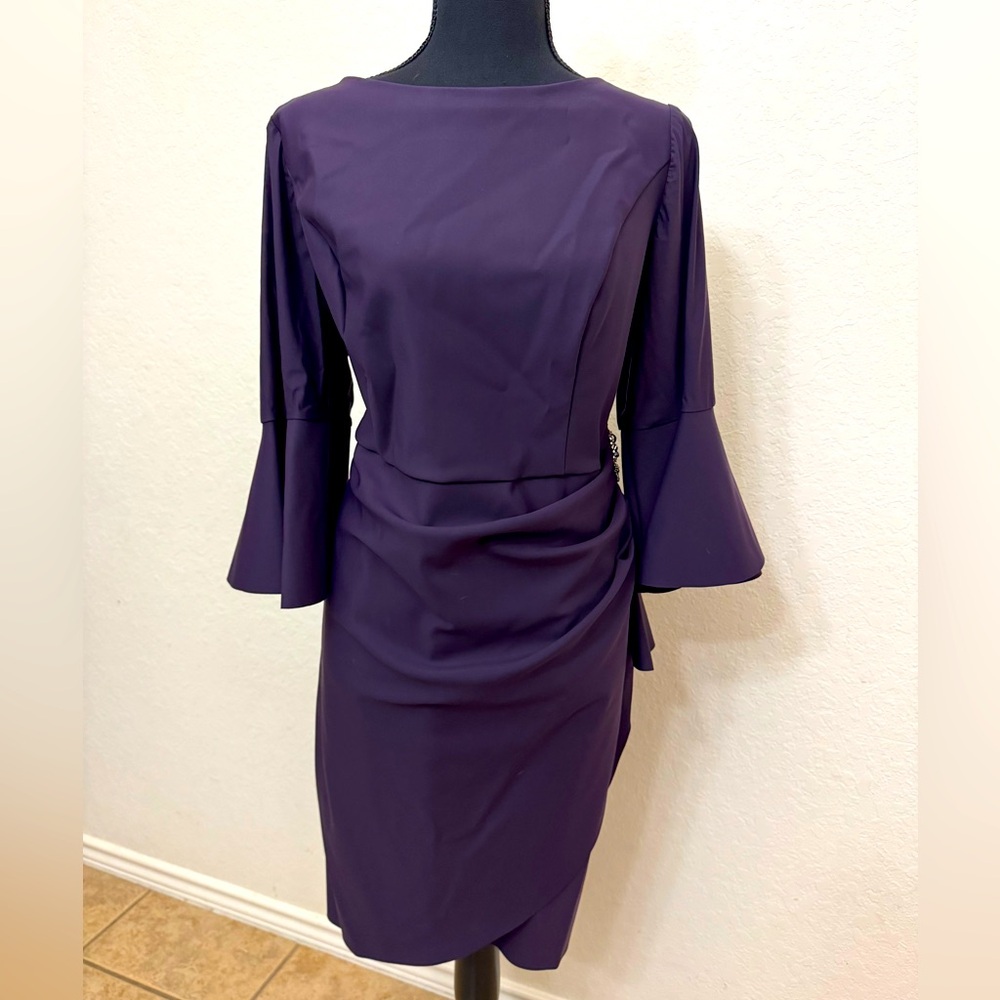 Alex Evenings Scuba Crepe Round Neck 3/4 Bell Sleeve Embellished Brooch